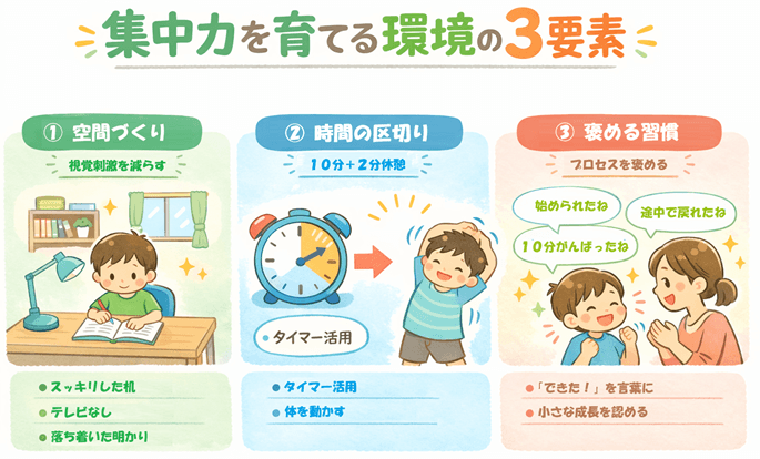 集中力が続かない小学生｜家庭でできる環境づくりのコツ